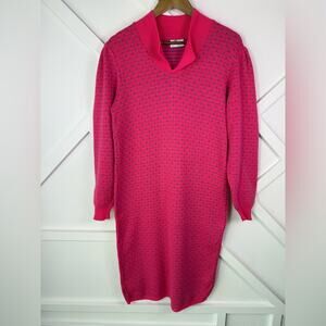 Vintage Lillian Knit Sweater Dress Pink Blue Polka Dot Long Sleeve Size Large
